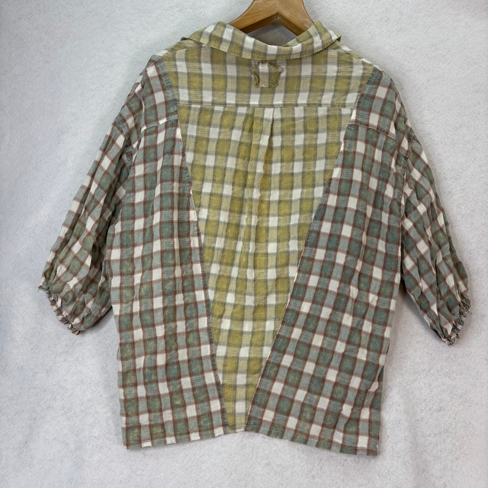 Pol Green Mixed Plaid Patchwork Button Down Shirt… - image 2